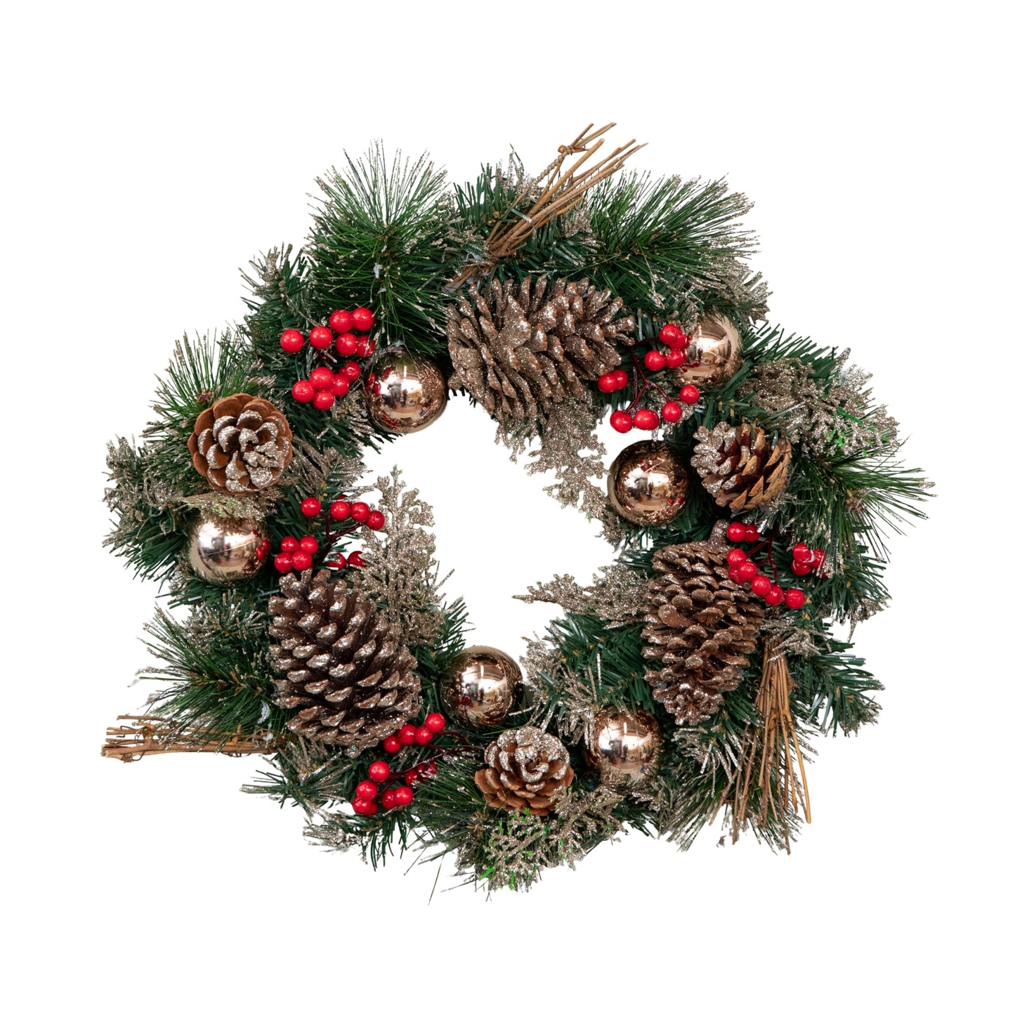 40cm Hanging Christmas Wreath with Gold Baubles, Berries & Pinecones