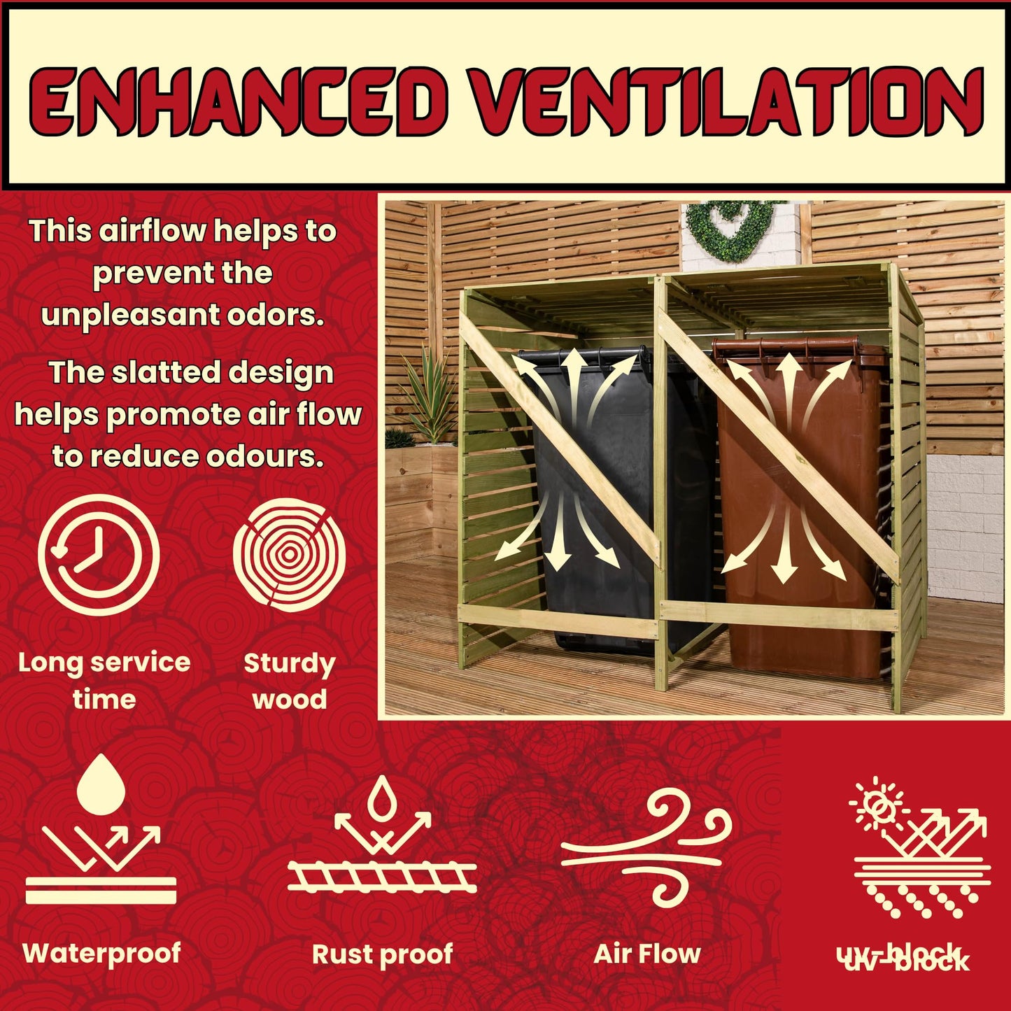 Factory Seconds: 1.34m x 1.2m Large Wooden Outdoor Garden Double Wheelie Bin Store Storage for 2 Bins