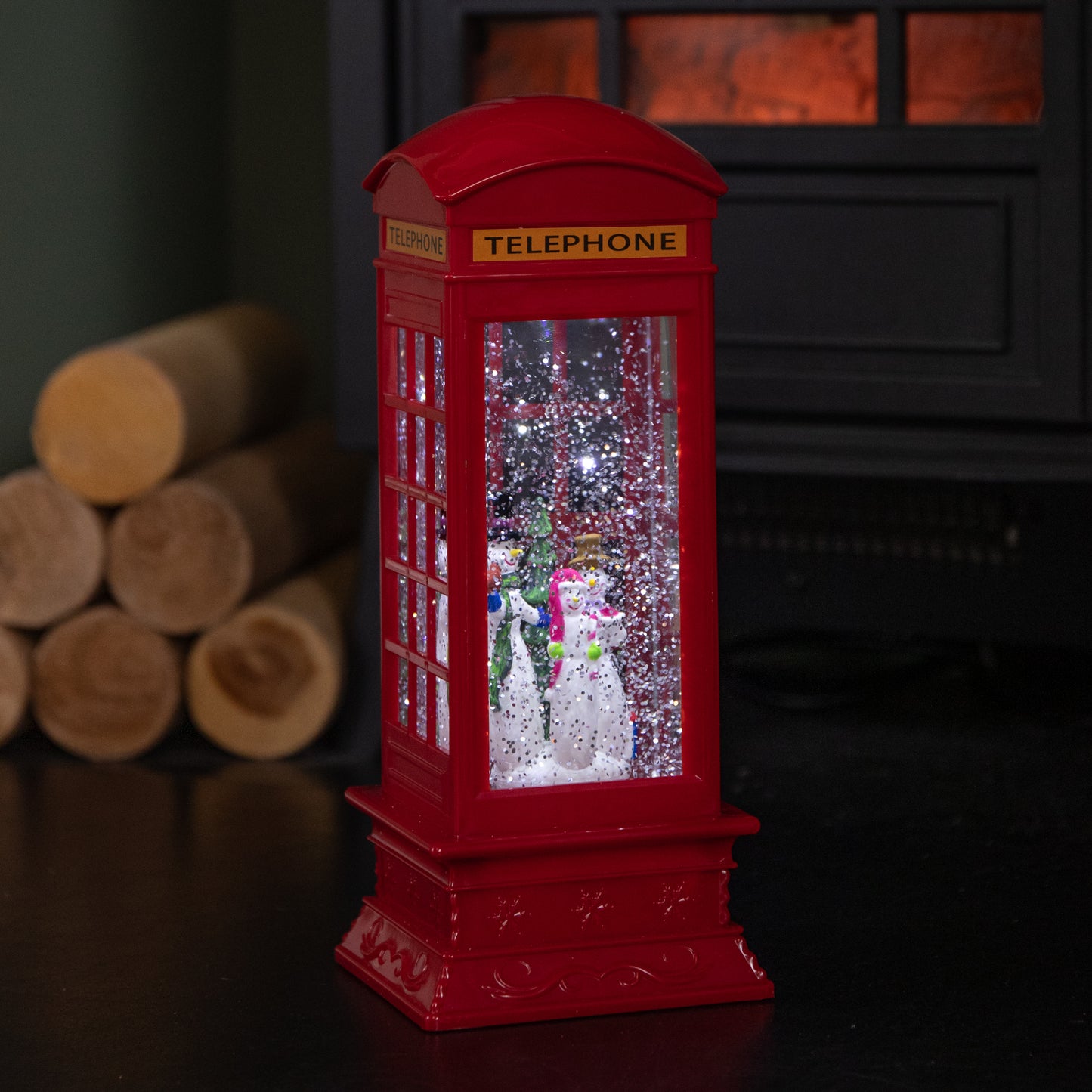 26cm Dual Powered Light up Red Telephone Box Christmas Water Spinner with Snowman Scene