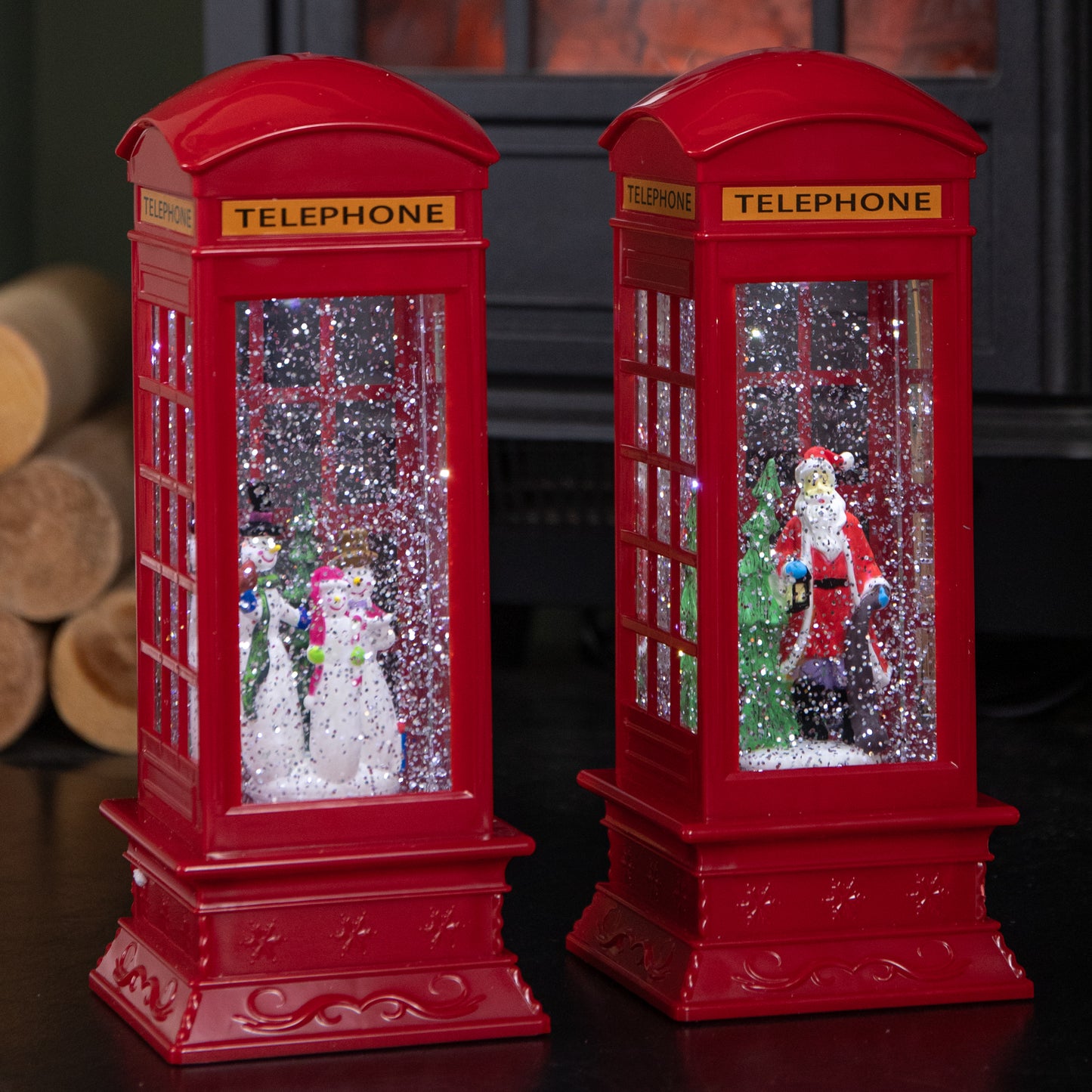 26.5cm Premier Christmas Water Spinner Telephone Box Design with Snowman Scene Dual Power