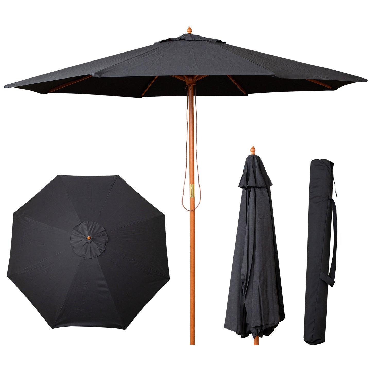 Samuel Alexander 2.7m Outdoor Wooden Garden Parasol Sun Shade with Carry Bag in Black