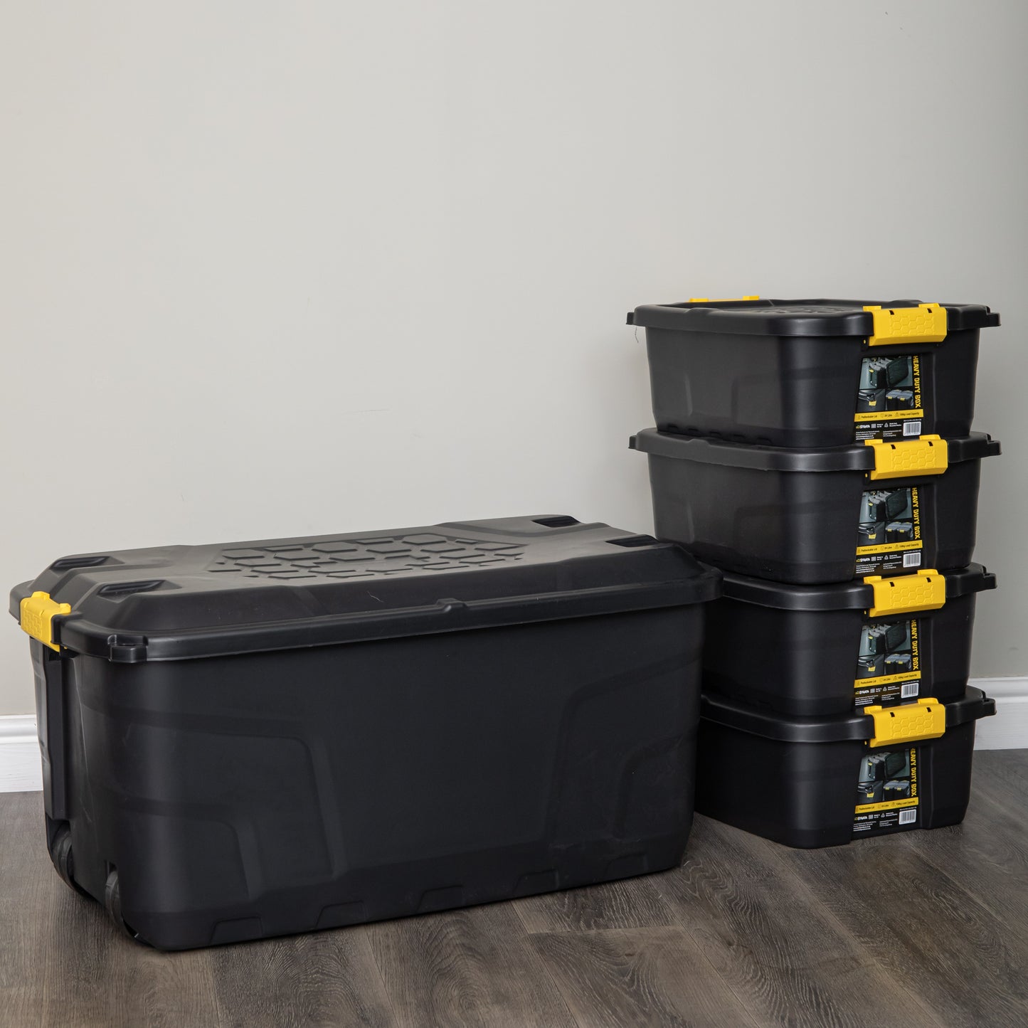 1 x 145L & 4 x 24L Heavy Duty Lockable & Stackable Storage Tub Chest with Clips