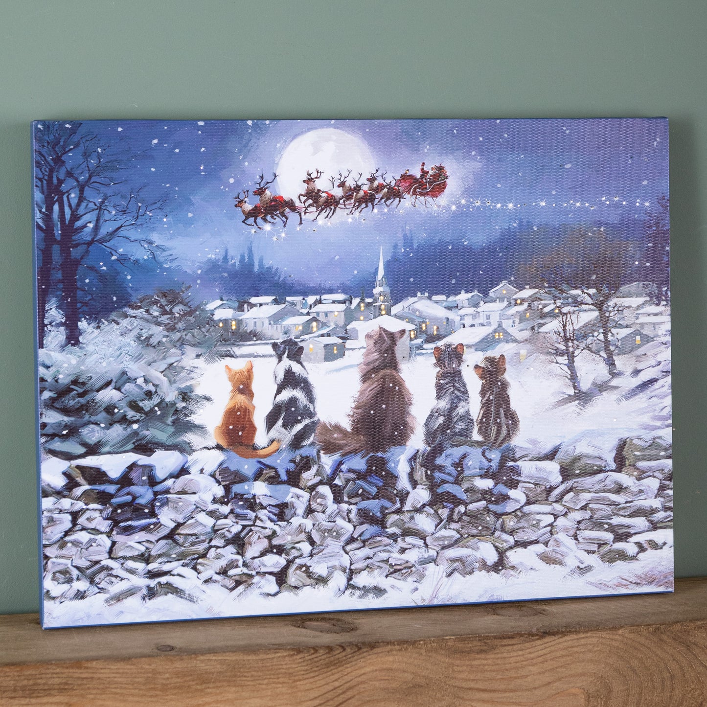 40 x 30cm Touch Operated Fibre Optic Christmas Wall Art Canvas with Cat Scene