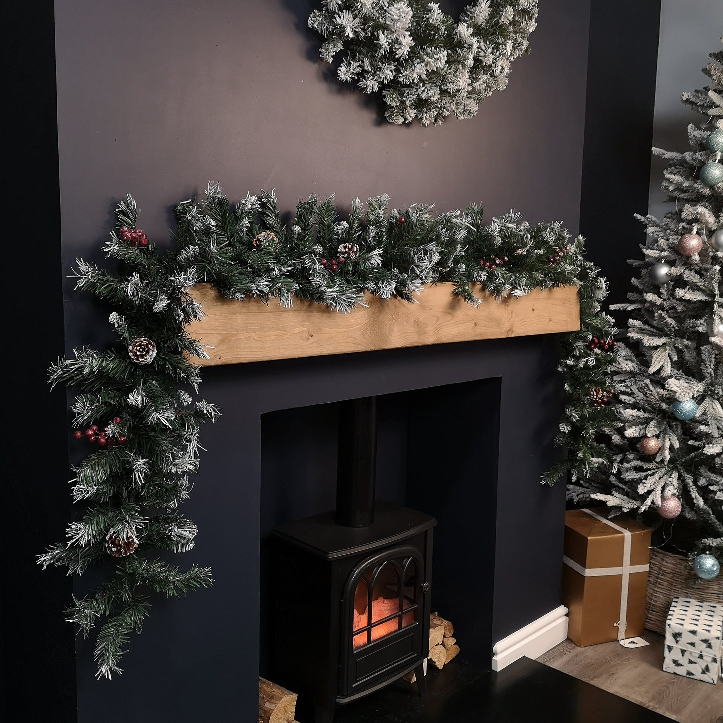 2.7m Green Mixed Needle Christmas Garland with Pine Cones and Red Berries