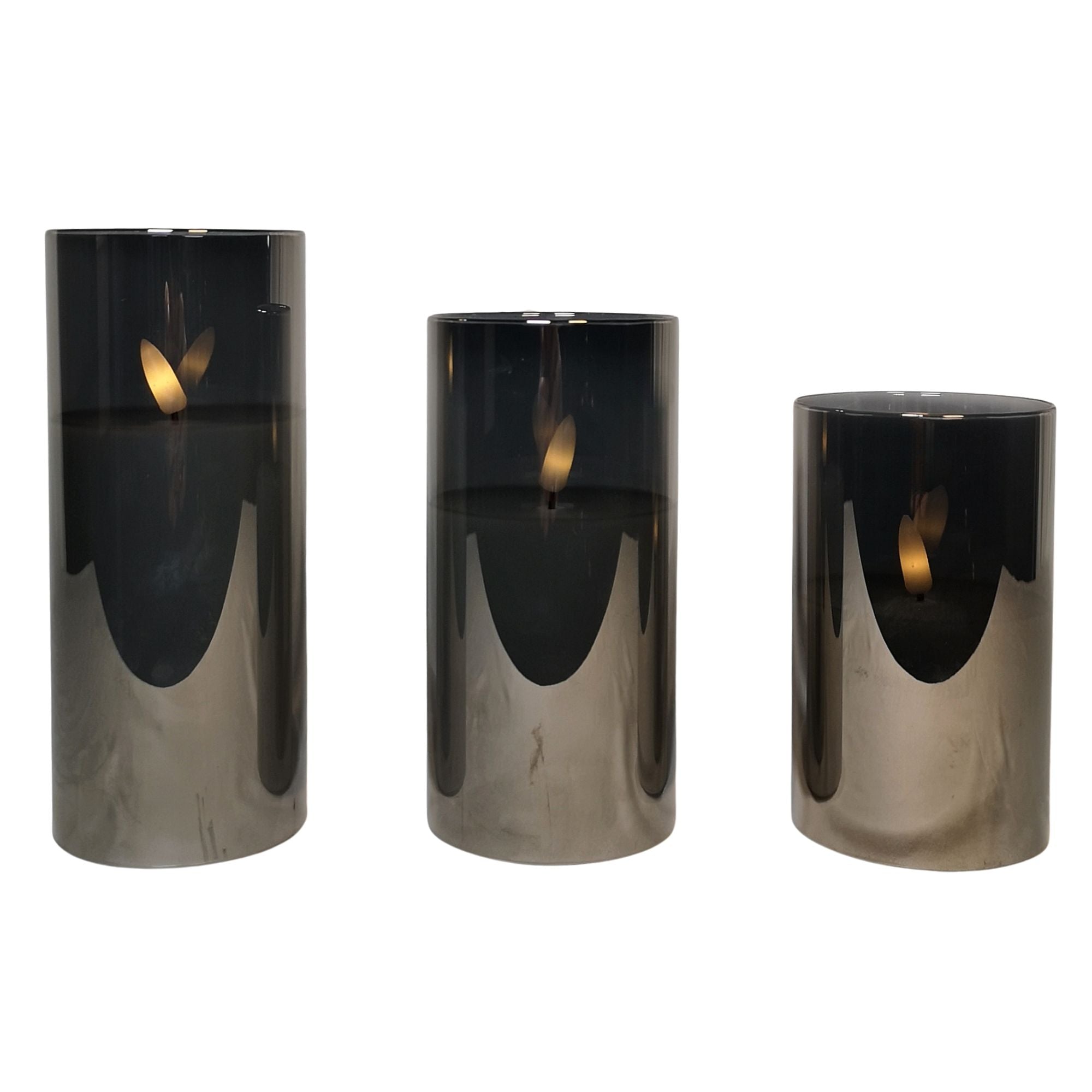 Set of 3 Warm White Battery Operated Christmas Wax Candles with Timer in Grey Glass