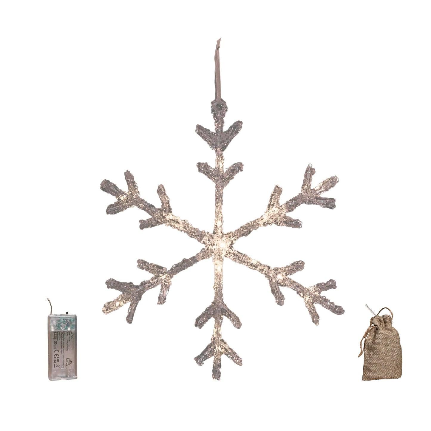 37cm Battery Powered Light up Ice Christmas Snowflake Hanging Decoration with Warm White LEDs