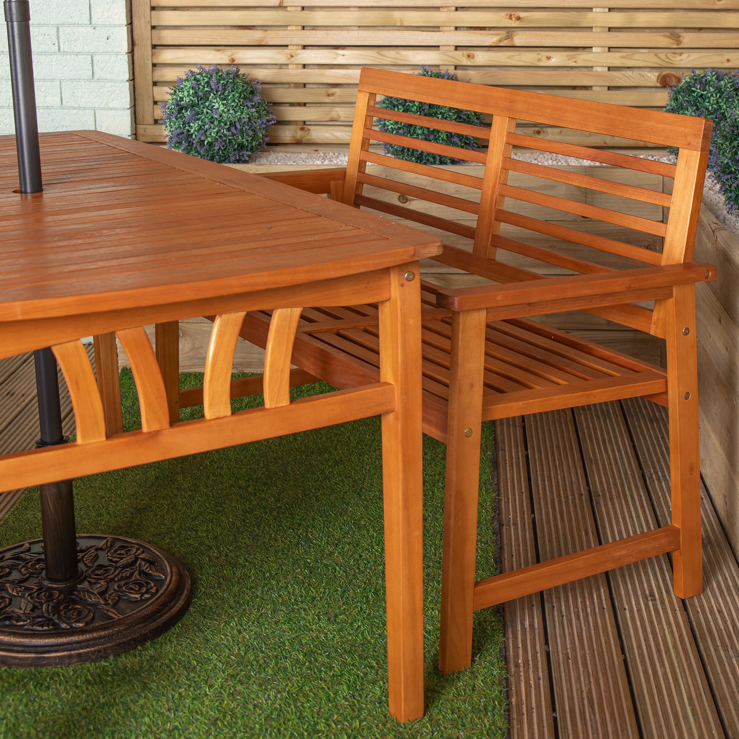 Outdoor 4 Person Rectangular Wooden Garden Table, 2 Benches with Beige Havana Parasol & Base