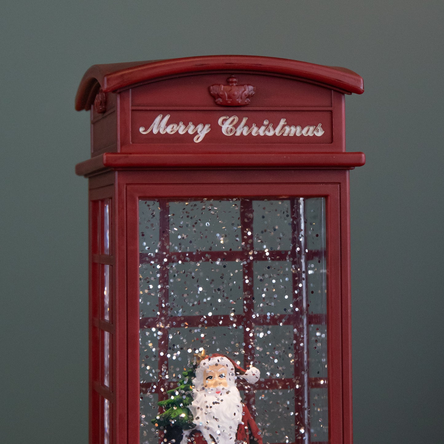 25cm Battery Operated Light up Christmas Phone Box Water Spinner with Santa Scene & LEDs