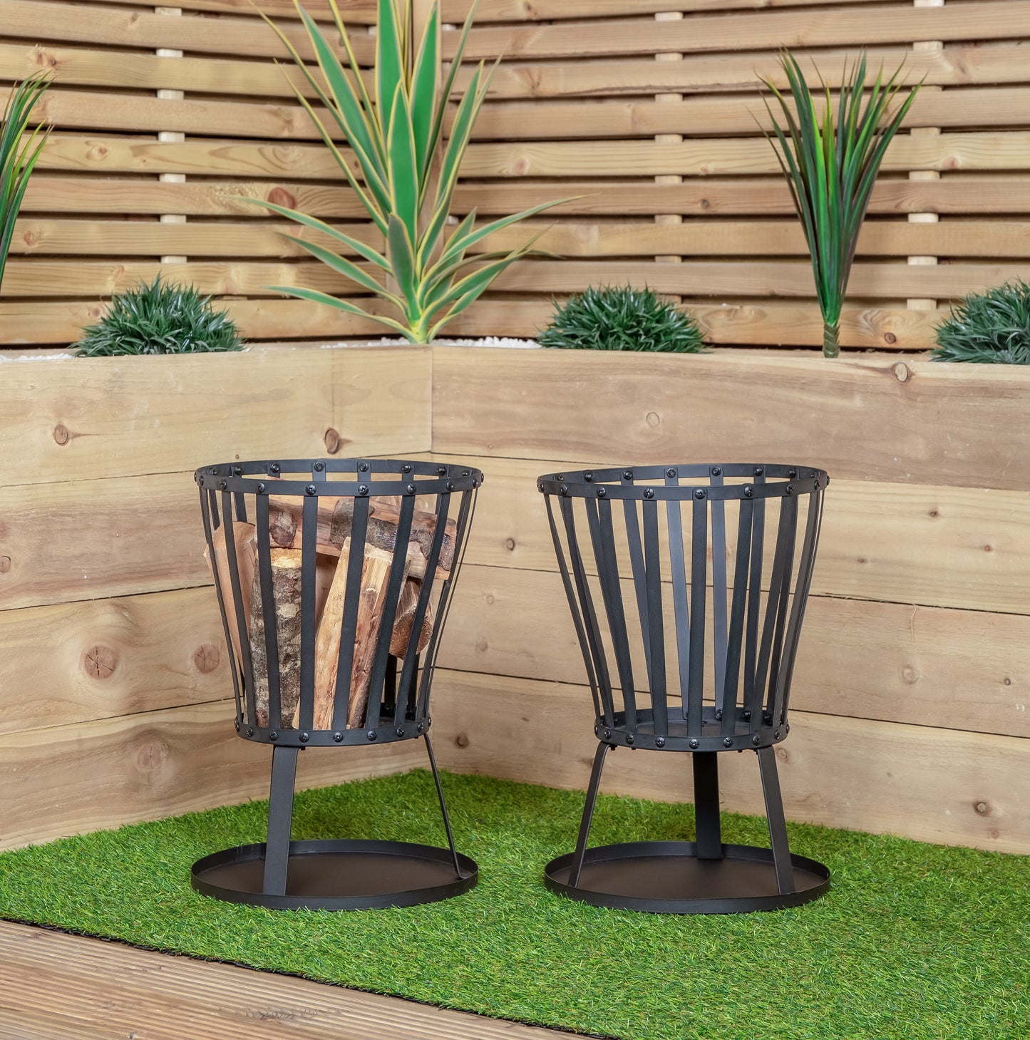 Set of 2 35cm Outdoor Black Steel Garden Log Burner Fire Basket