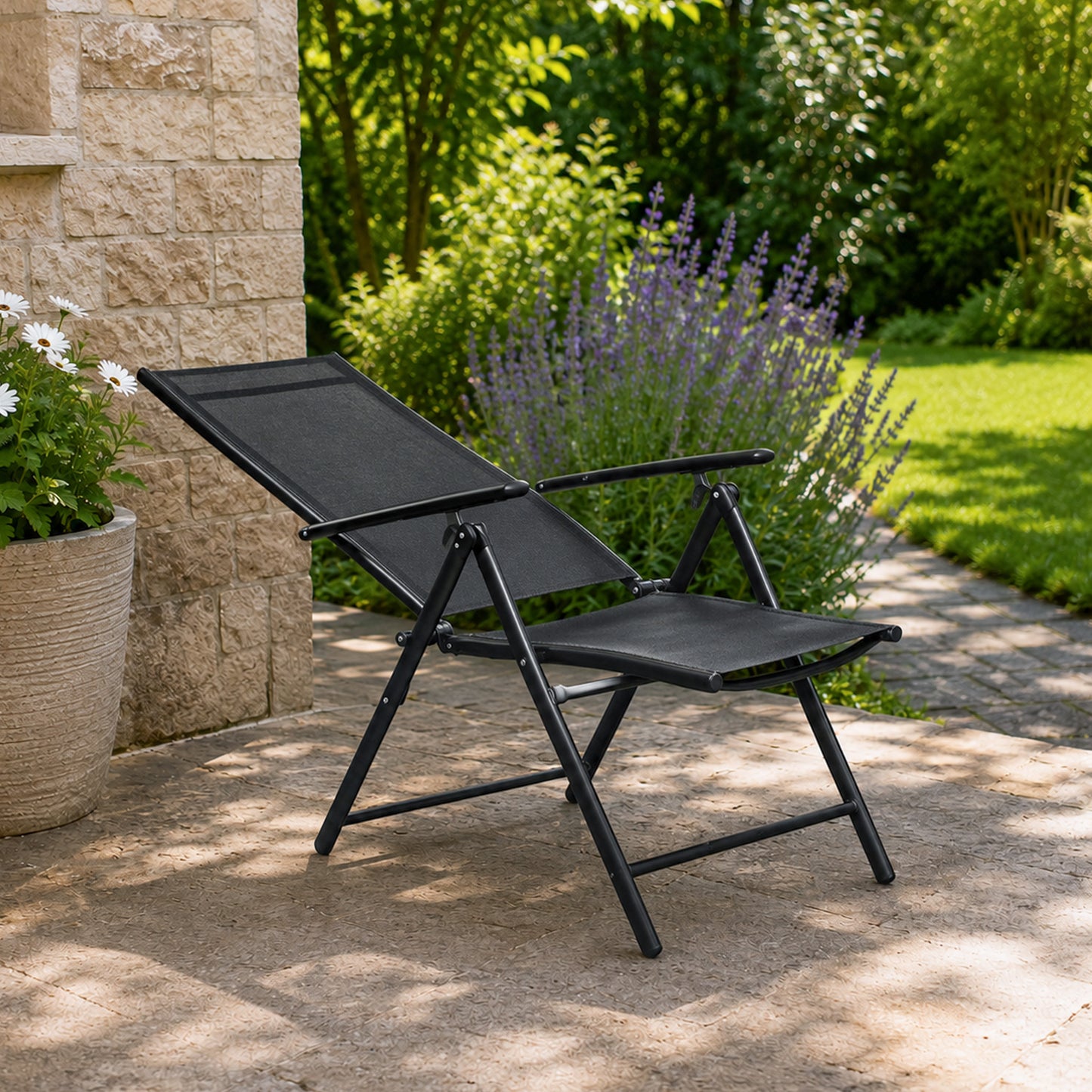 Outdoor Garden Patio Multi Position Reclining Folding Chair in Black