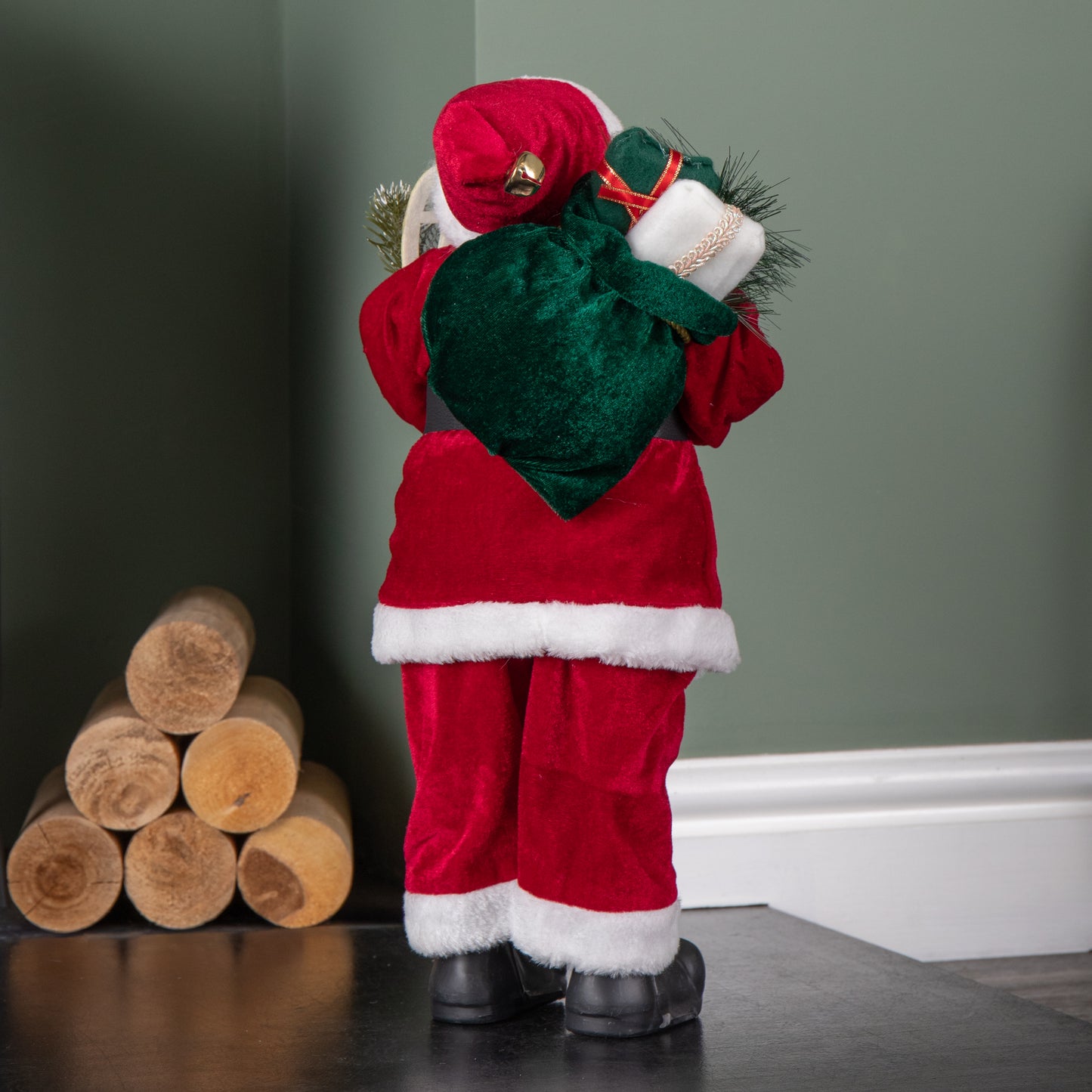 45cm Tall Standing Santa Claus Christmas Decoration with Green Sack