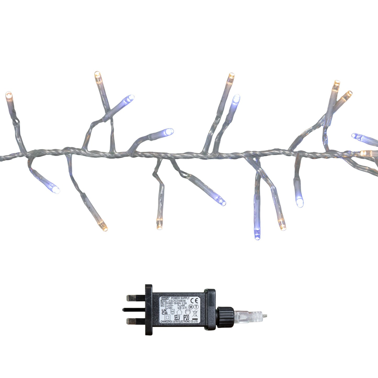 9.3m 720 LED Christmas Cluster String Lights with Timer in White & Warm White on Clear Cable