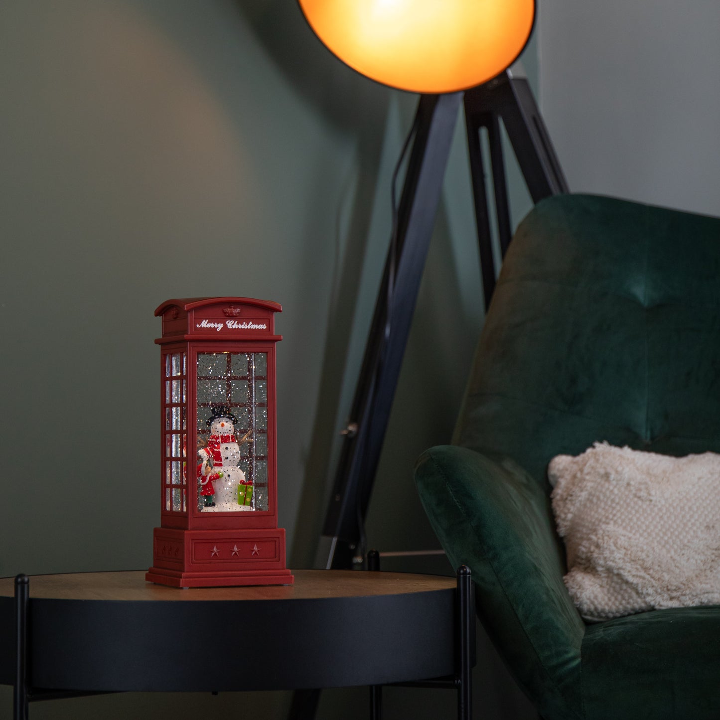 25cm Battery Operated Light up Christmas Phone Box Water Spinner with Snowman Scene & LEDs