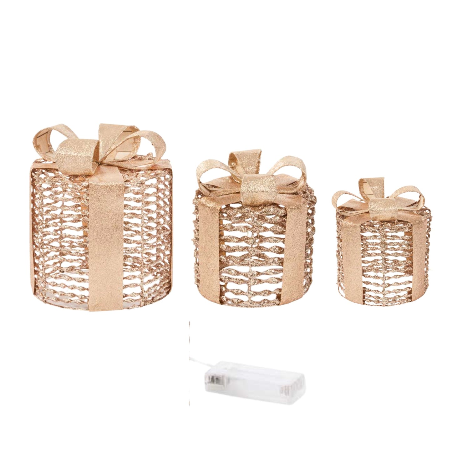 Set of 3 Battery Operated Gold Christmas Glitter Twist Gift Boxes with Warm White LEDs
