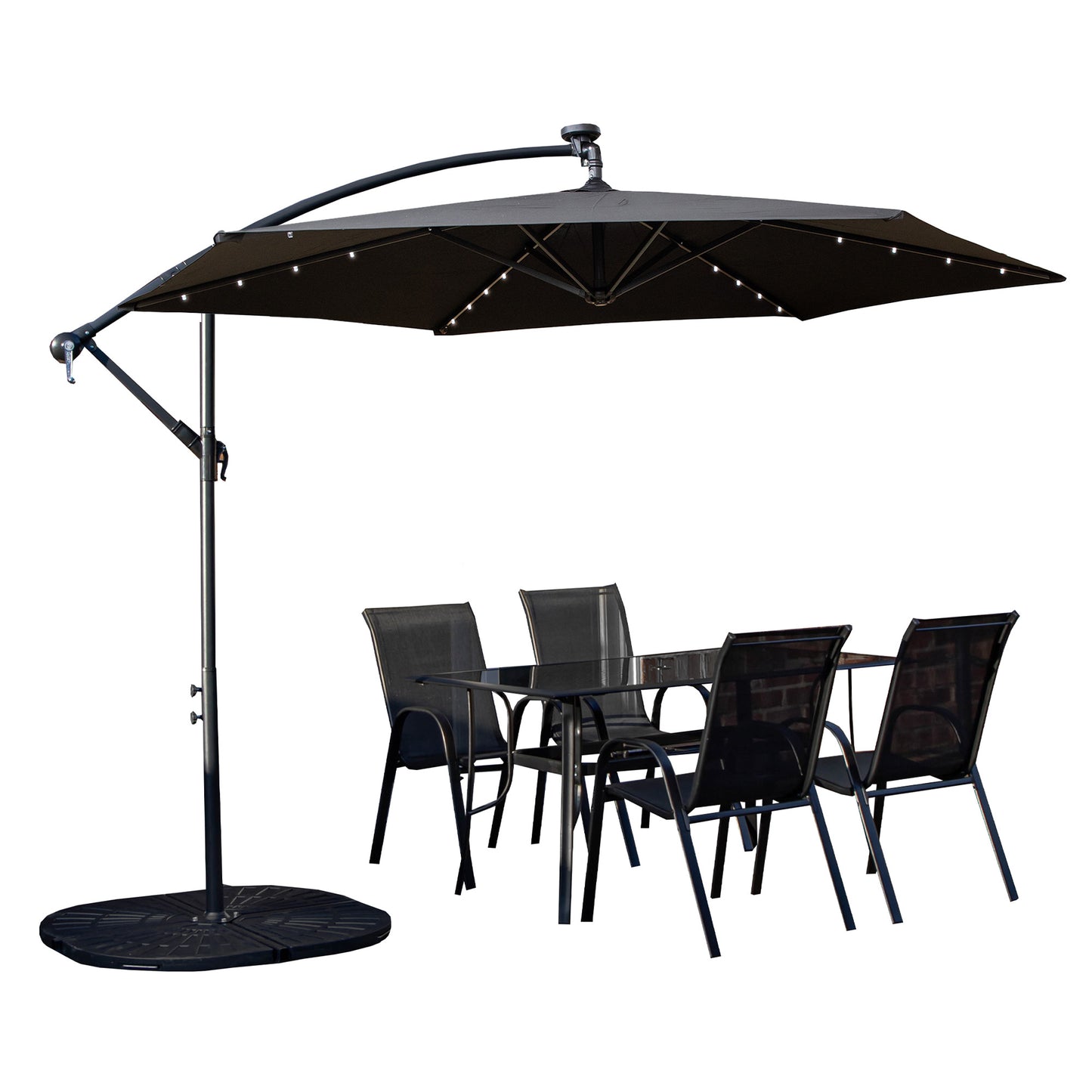 Outdoor 4 Person Rectangular Glass Top Garden Dining Table Chairs With Black Banana Lit Parasol and Base