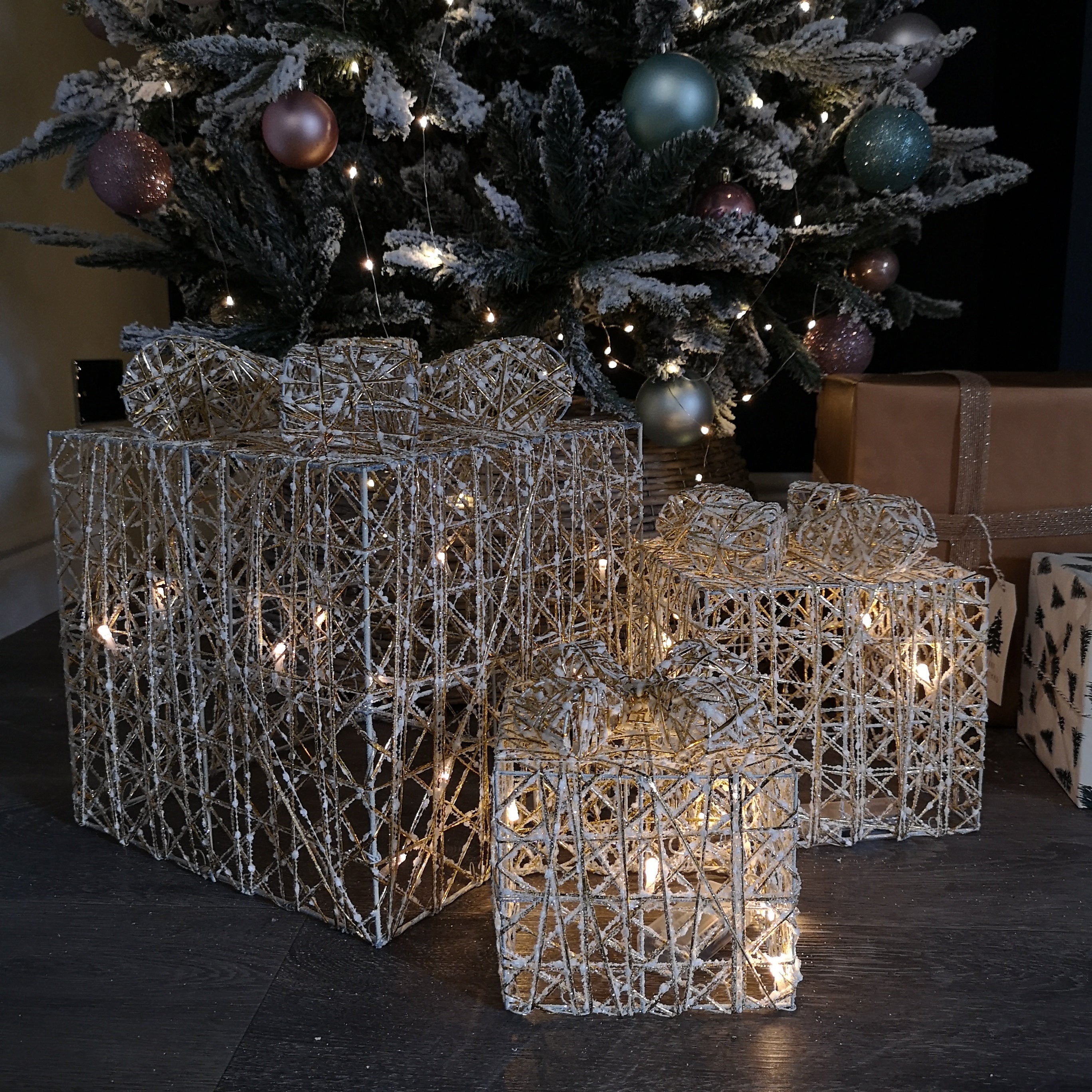 Set of 3 Warm White Battery Operated LED Gold Gift Box Christmas Decoration