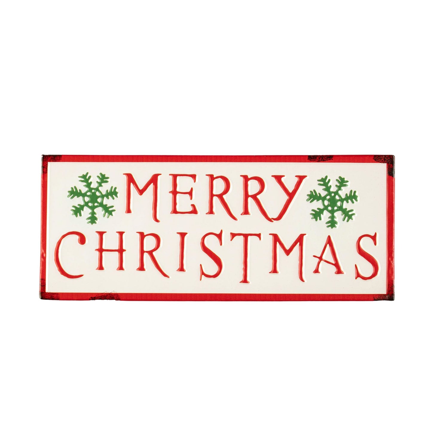 57cm Metal Merry Christmas Hanging Sign in Red & White with Green Snowflakes