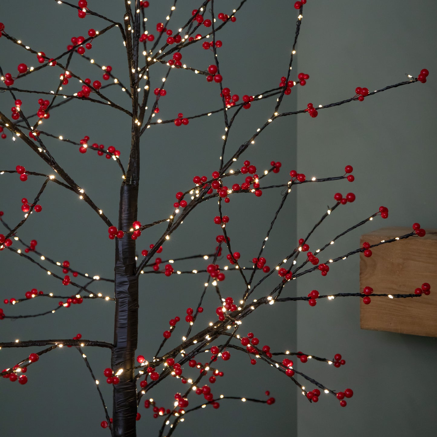 6ft (1.8m) Light up Black Christmas Twig Tree with Red Berries & Warm White LEDs