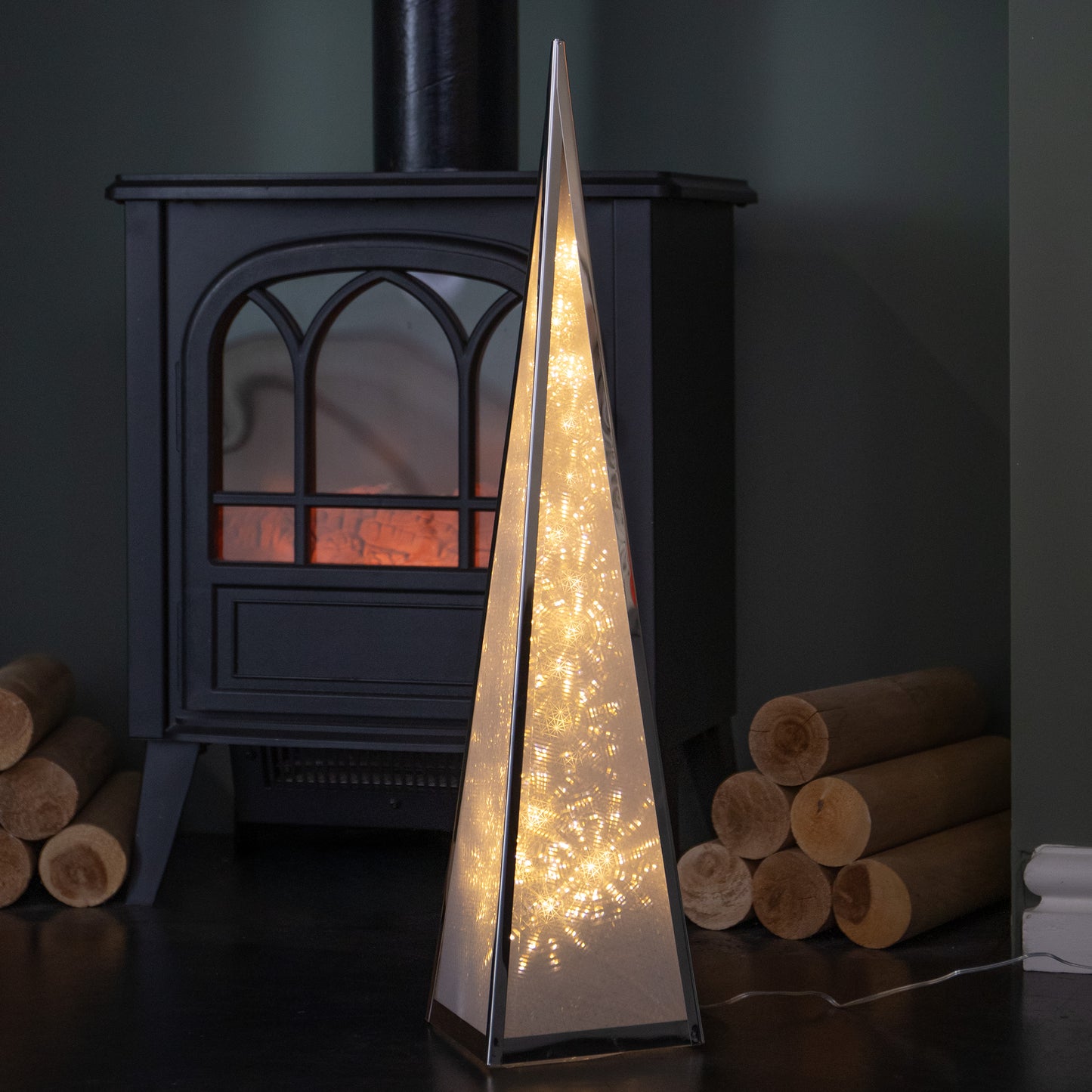 60cm Light up Silver Holographic Christmas Pyramid with 16 Warm White LEDs