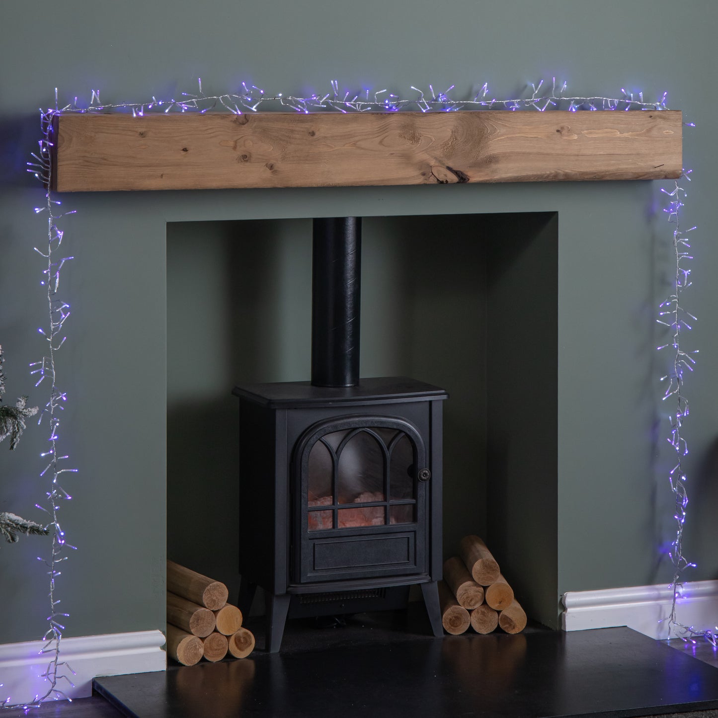 9.3m 720 LED Christmas Cluster String Lights with Timer in Blue, Purple & White on Clear Cable