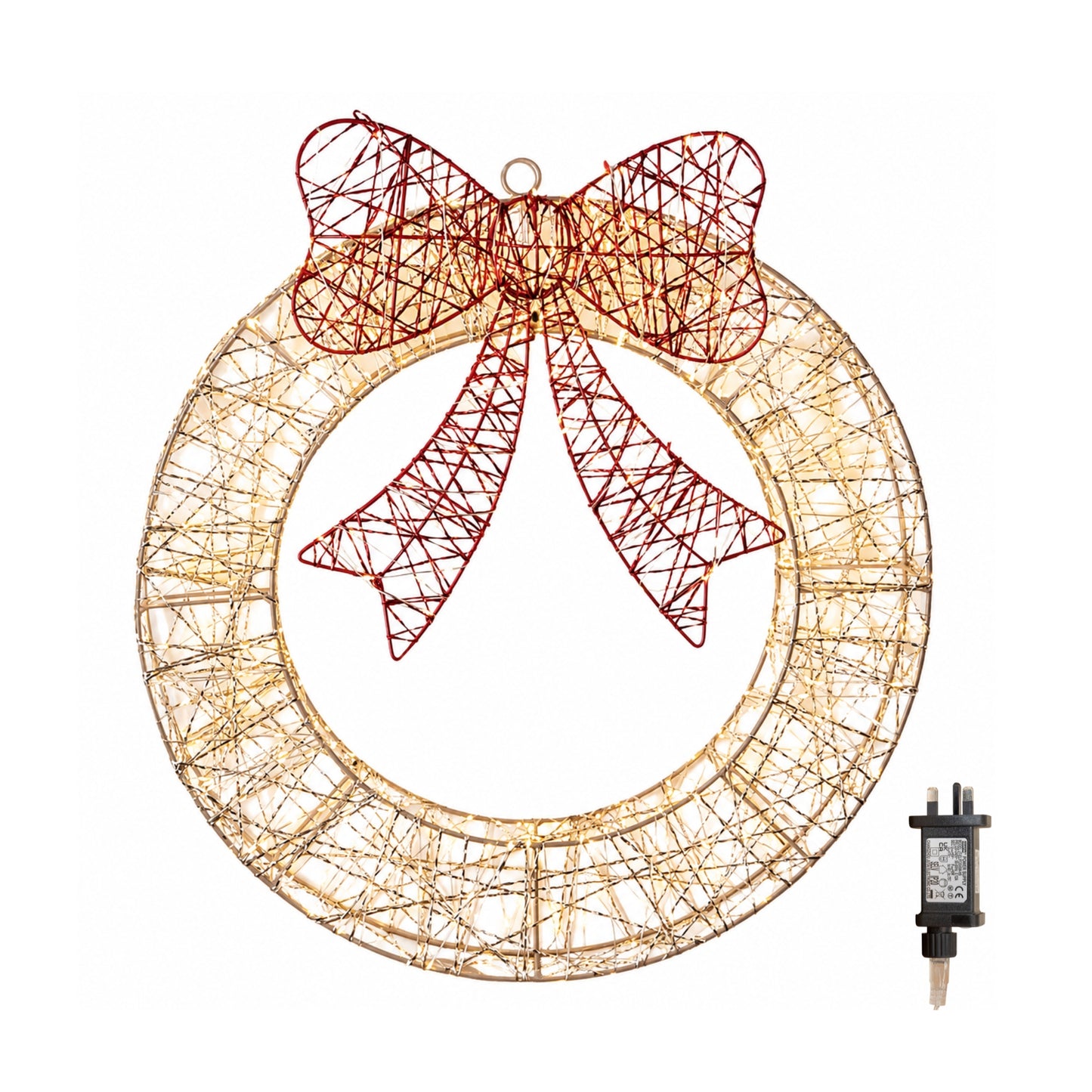 50cm Gold Light Up Christmas Wreath with 600 Warm White LEDs, Timer & Red Bow