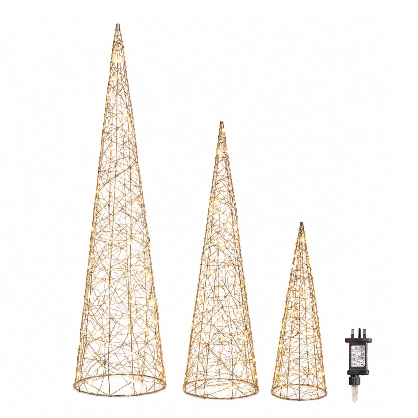 Set of 3 Gold Light Up Gold Christmas Cones Decorations with 120 Warm White LEDs