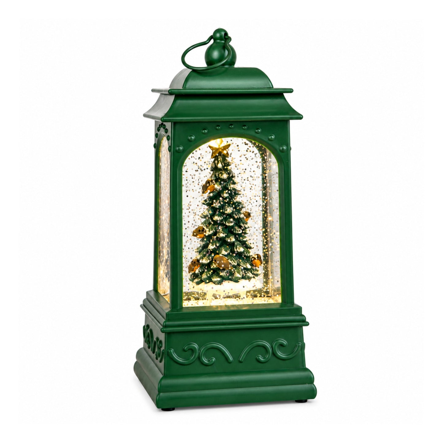 21cm Dual Powered Green Christmas Tree Water Spinner Lantern with Warm White LED