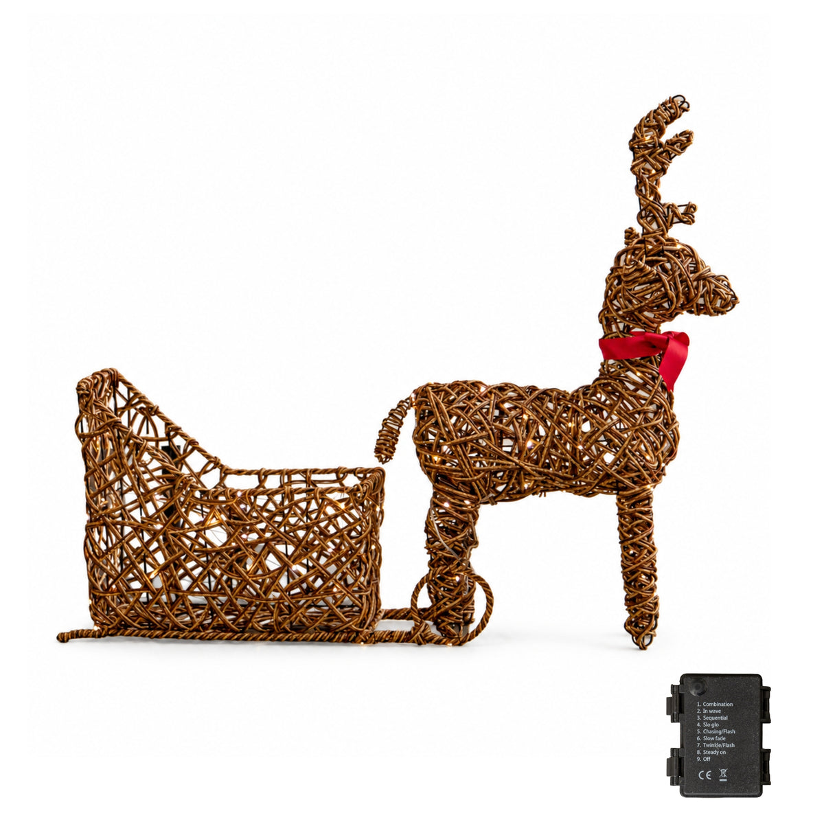 82cm Battery Powered Light Up Rattan Reindeer & Sleigh with 120 LEDs and Timer