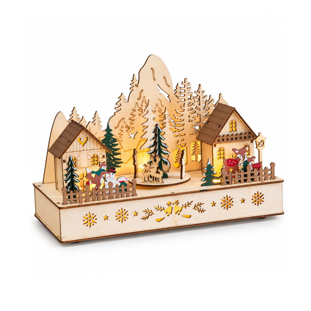 28cm Light Up Wooden Winter Village Christmas Scene with 8 Warm White LEDs