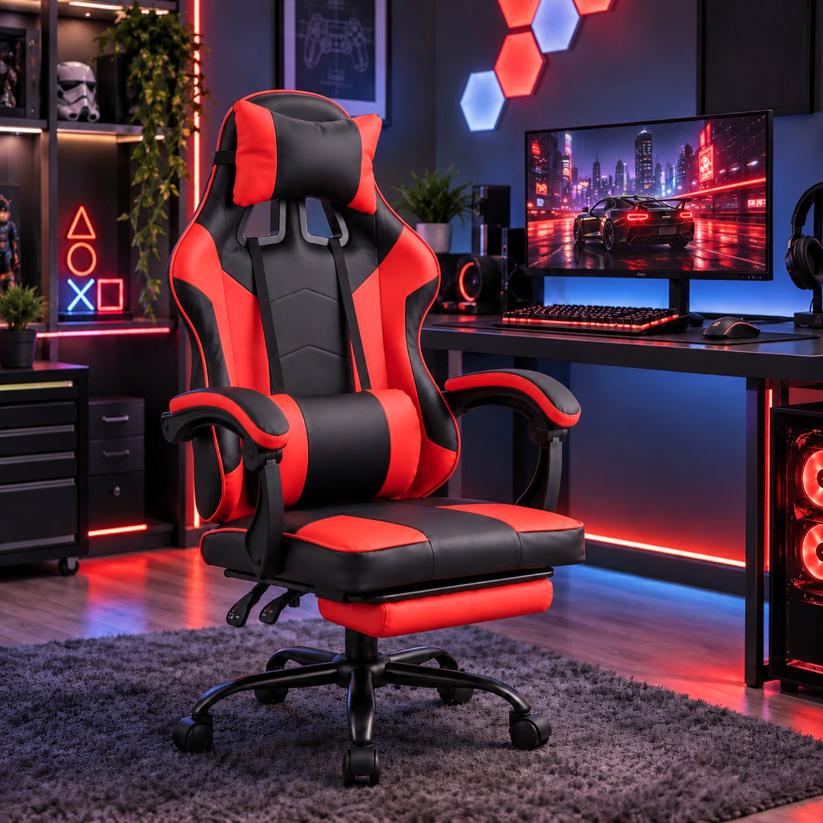 Ergonomic Gaming Chair with Footrest and Removable Pillows in Red