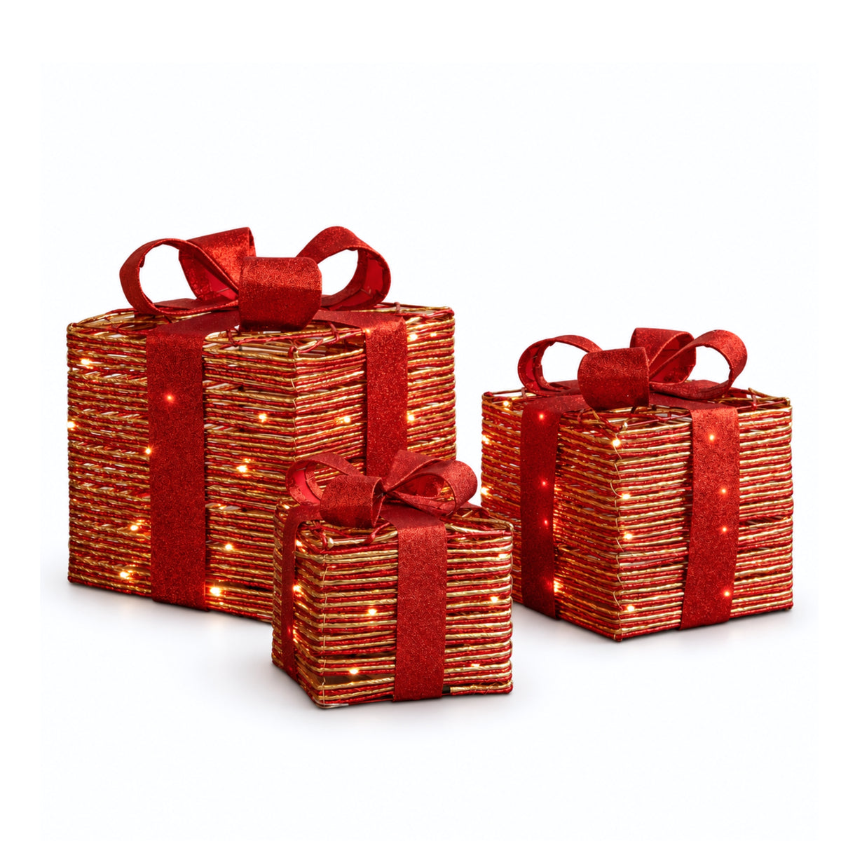 Set of 3 Red & Gold Light Up Christmas Parcel Gift Boxes with 90 Warm White LEDs