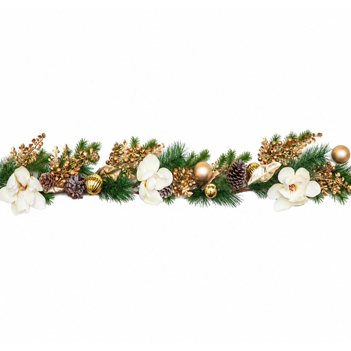 1.8m Champagne Magnolia Decorated Christmas Garland with Gold Baubles