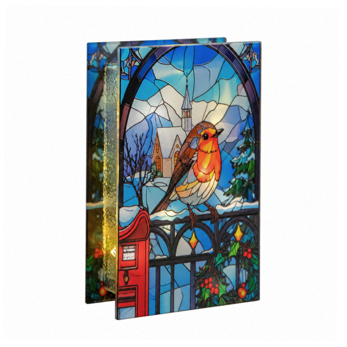 21cm Light Up Stained Glass Christmas Robin Decoration with LEDs