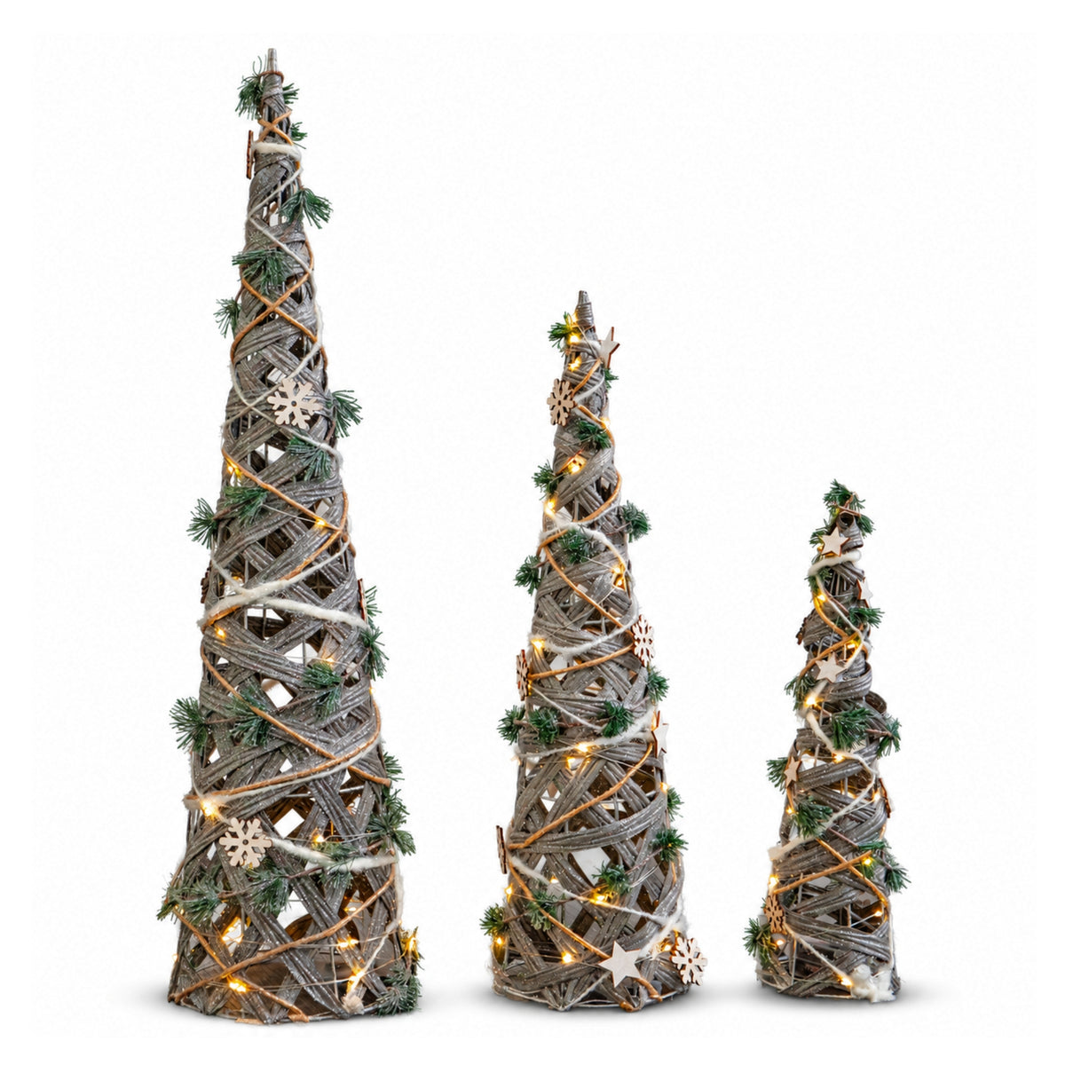 Set of 3 Light up Snow Christmas Cone Trees with 90 Warm White LEDs