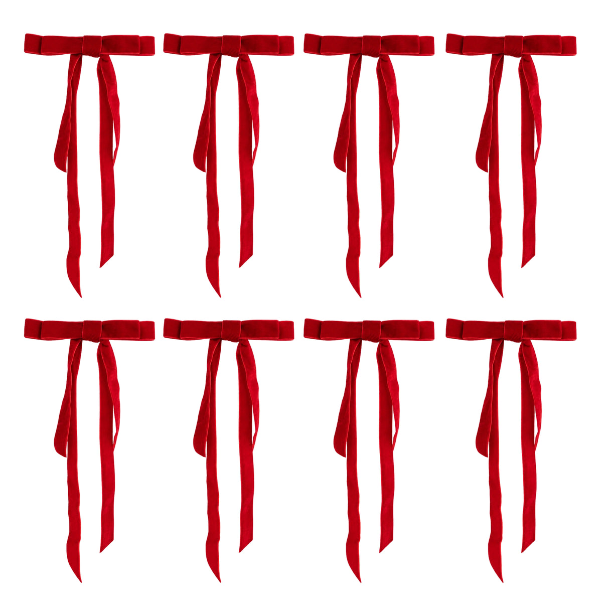 Set of 8 Velvet Christmas Decorative Clip On Long Tail Bows in Red