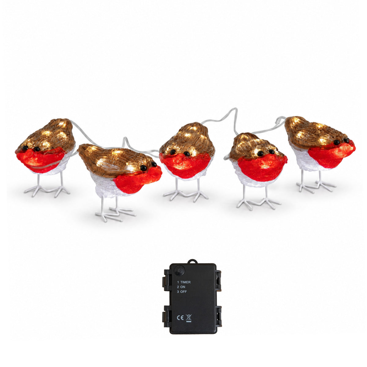 Set of 5 Battery Powered Light Up Acrylic Christmas Robins with White LEDs
