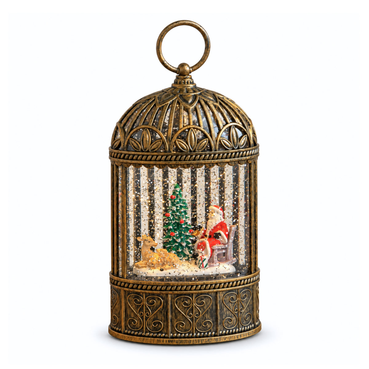 24cm Dual Powered Light up Bird Cage Christmas Water Spinner with Santa
