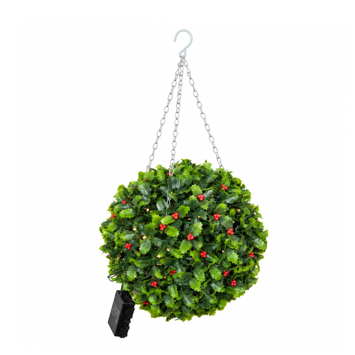 30cm Light up Christmas Holly Topiary Ball with Berries with Hanging Hook