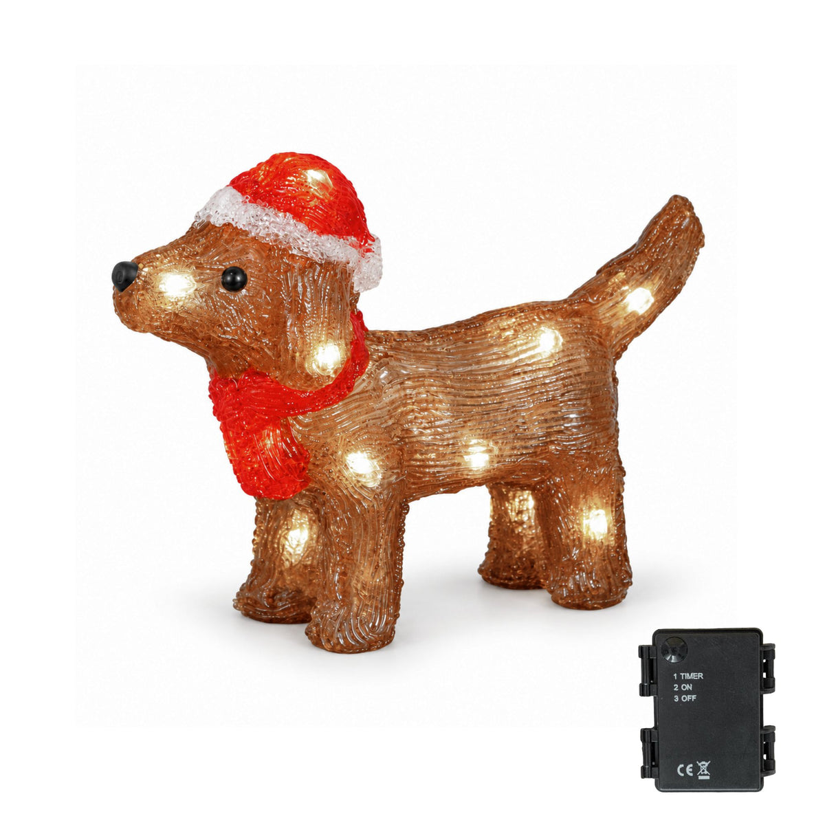 28cm Light Up Acrylic Christmas Dog Decoration with Santa Hat & LEDs