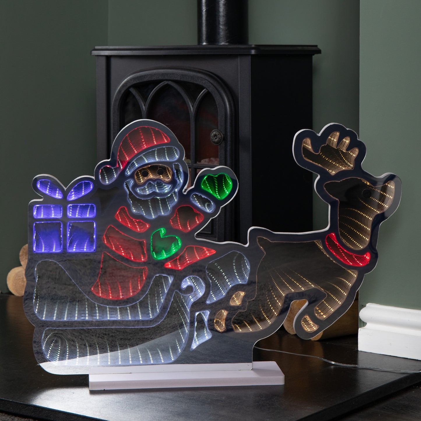 60cm Light up Santa in Sleigh with Present Christmas Infinity Mirror with Multi-Coloured LEDs