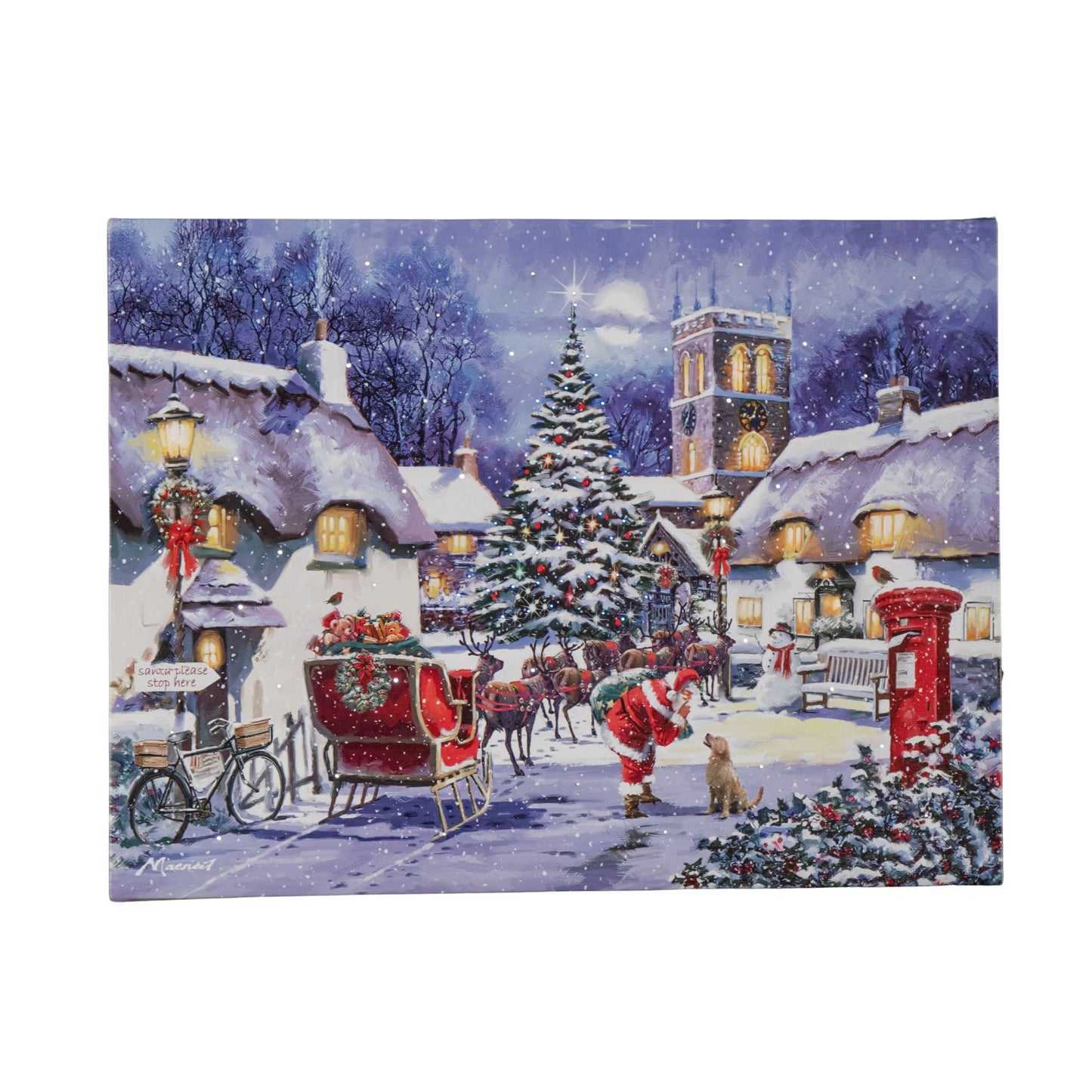 40 x 30cm Battery Operated Light up Fibre Optic Santa and Village Christmas Wall Canvas