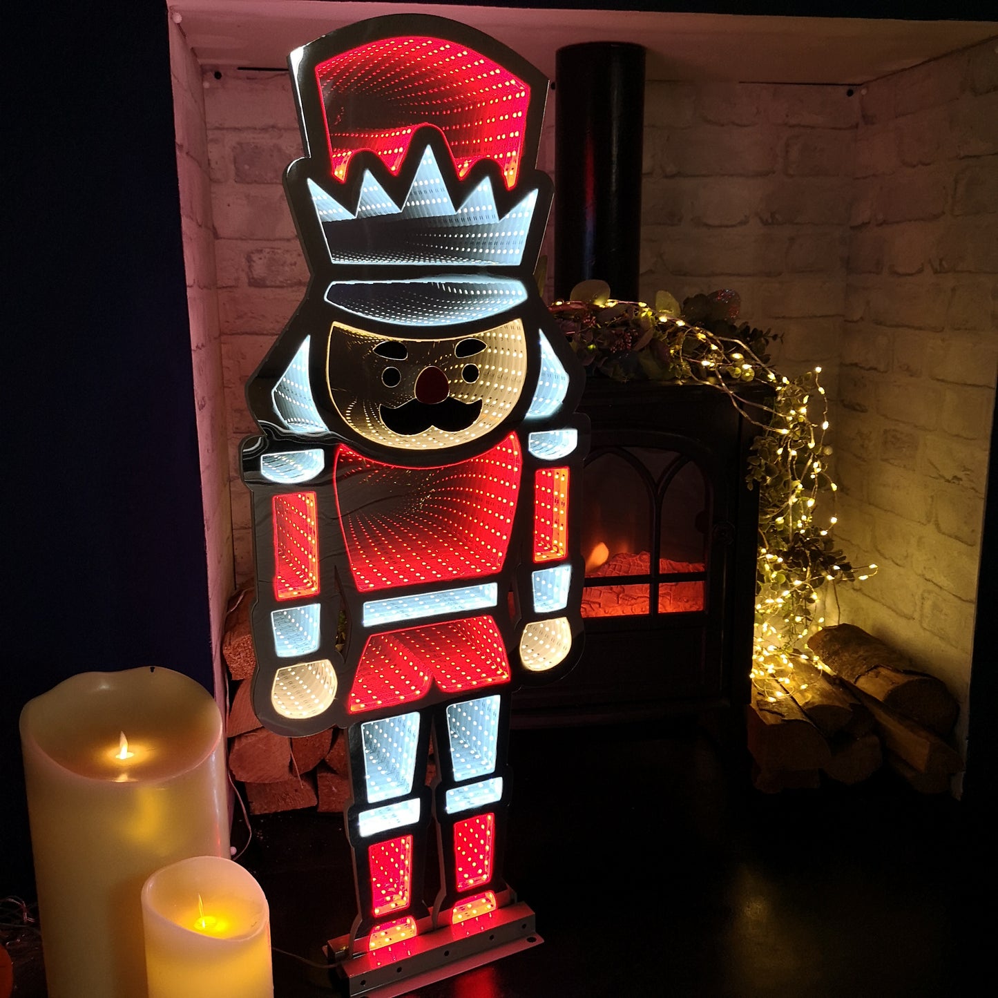 87cm LED Infinity Standing Christmas Nutcracker Decoration with Metal Base in Red & White