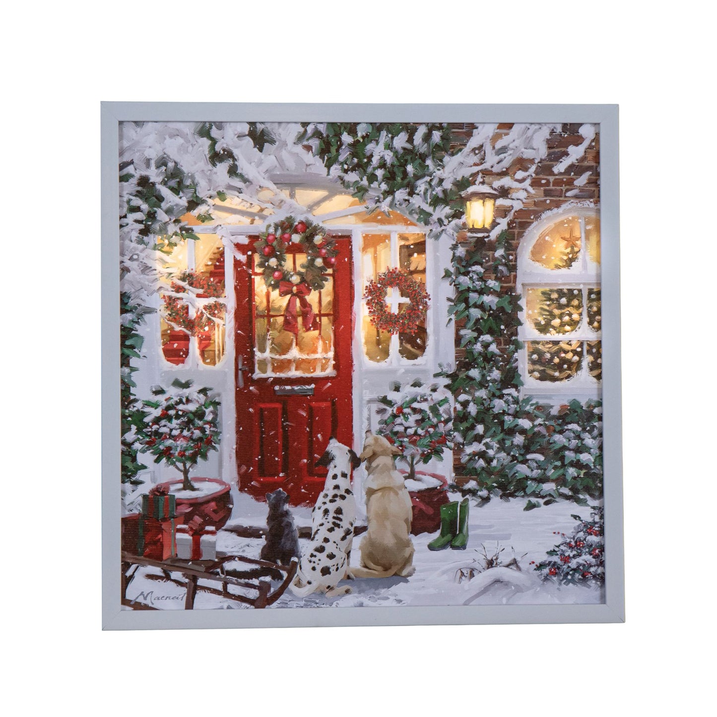 40 x 40cm Battery Operated Light up Framed Christmas Canvas with Red Door & Warm White LEDs