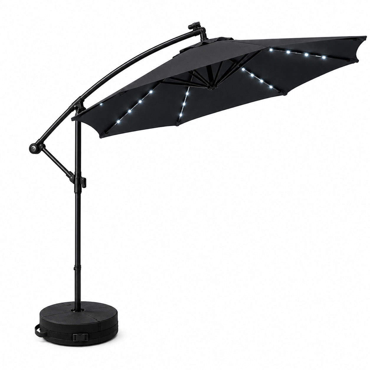 3m Solar Powered Cantilever Lit Banana Garden Parasol with Crank Handle & White LED Lights in Black with Base Bag Included