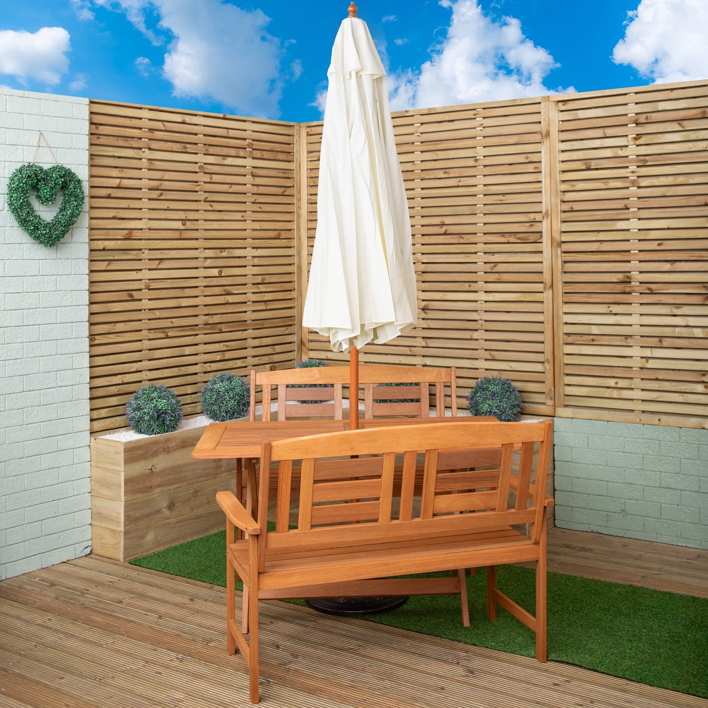 Outdoor 4 Person Folding Rectangular Wooden Garden Dining Table Benches Cream Parasol and Base Set