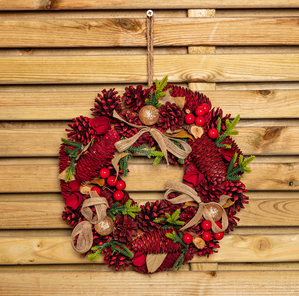 30cm Red Rose Hanging Christmas Wreath with Pinecones & Red Berries