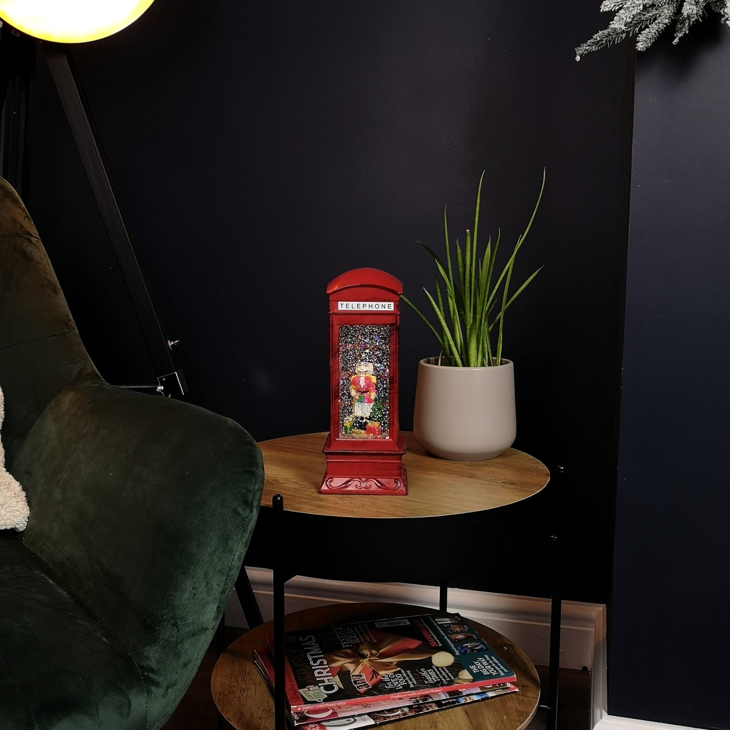 27cm LED Christmas Glitter Water Spinner Red Telephone Box with Nutcracker Scene