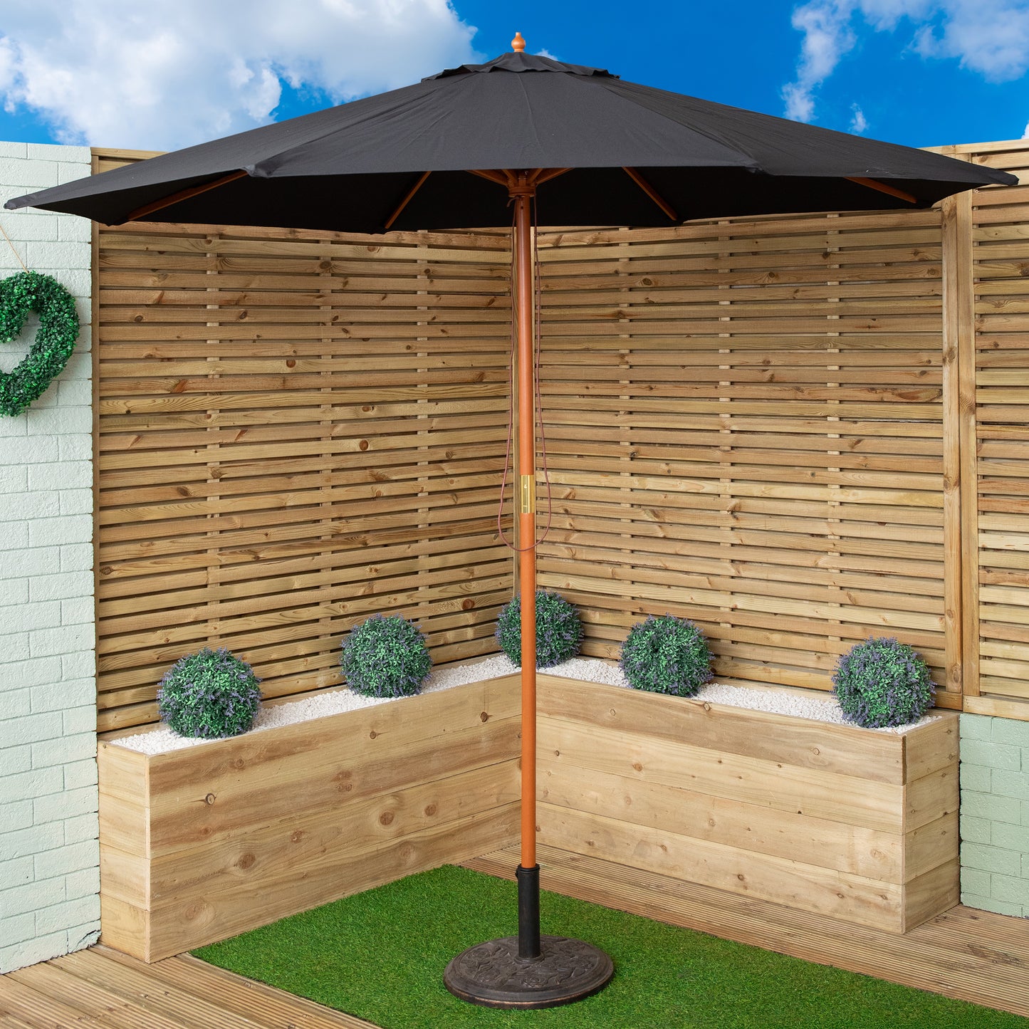 Outdoor 6 Person Rectangular Wooden Garden Dining Table, 2 Benches, Chairs with Black Parasol and Base Set