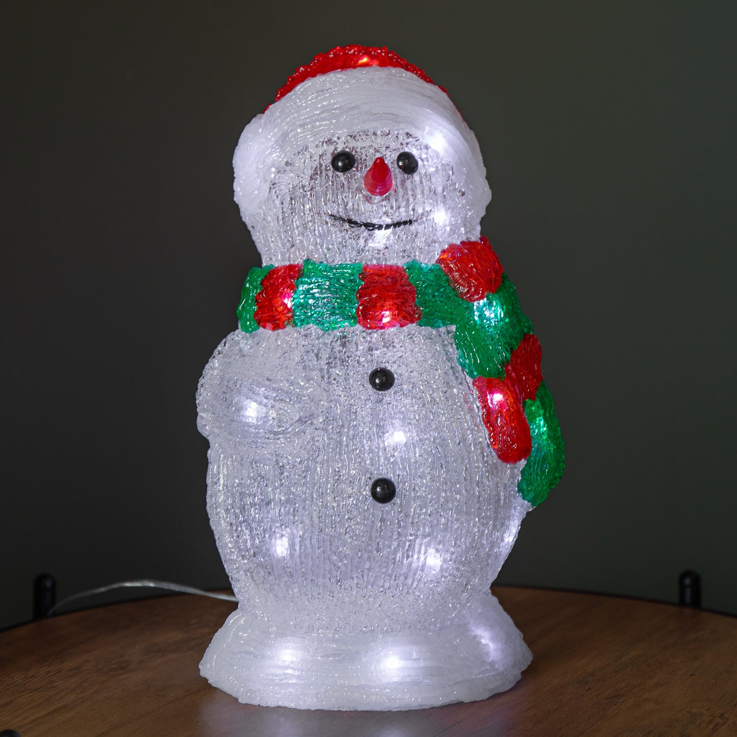 30cm Light up Acrylic Christmas Snowman in Red and Green Scarf with White LEDs