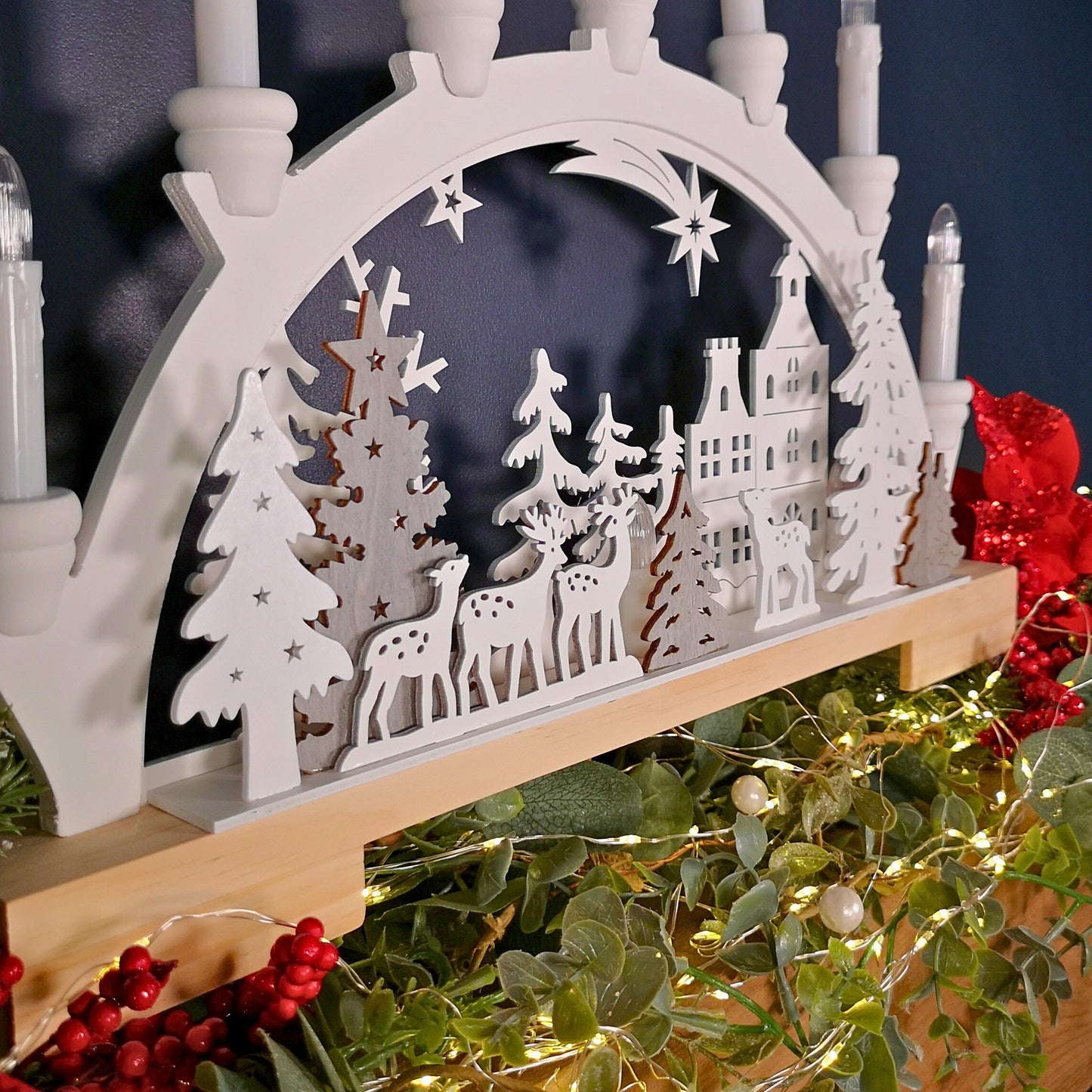 45cm Battery Operated Warm White LED Wooden Arch Reindeer Scene Candle Bridge Christmas Decoration